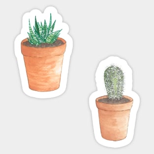 Cute Little Succulent Plant and Cactus in Terracotta Pots Hand Drawn in Watercolor and Ink Sticker